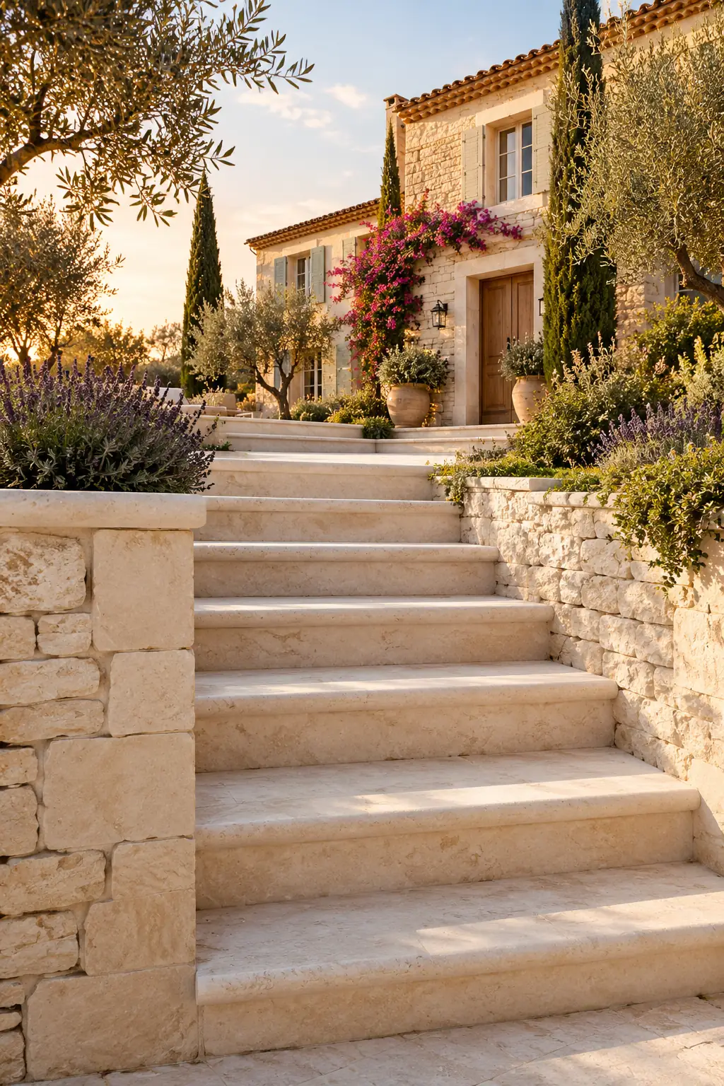 Escalier et murets en pierre menant à une maison