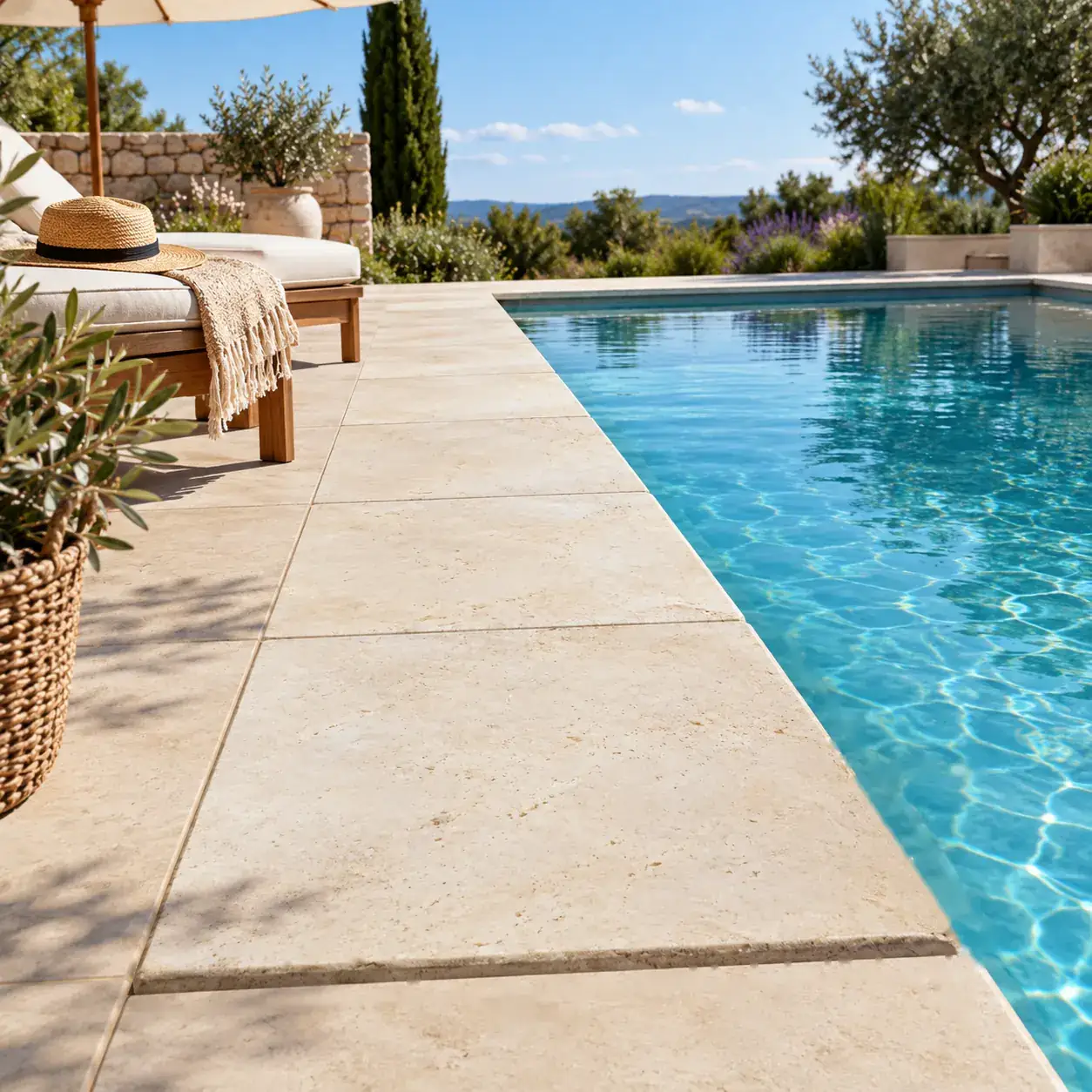 Terrasse en dalles au bord d'une piscine
