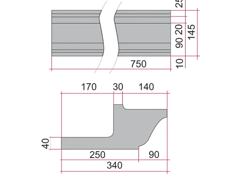 Schéma coté de la corniche bandeau CN10 : 75 cm de long, 34 cm de profondeur, 14,5 cm de haut
