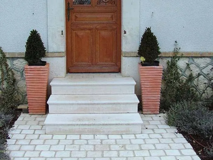 Perron en marches monolithiques devant une porte d'entrée