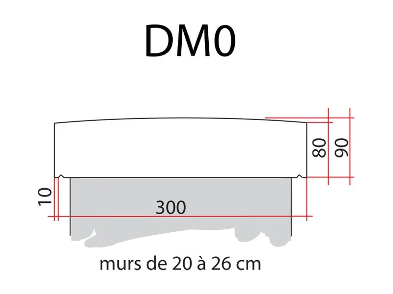 Schéma coté du DM0 : 300 mm, murs de 20 à 26 cm