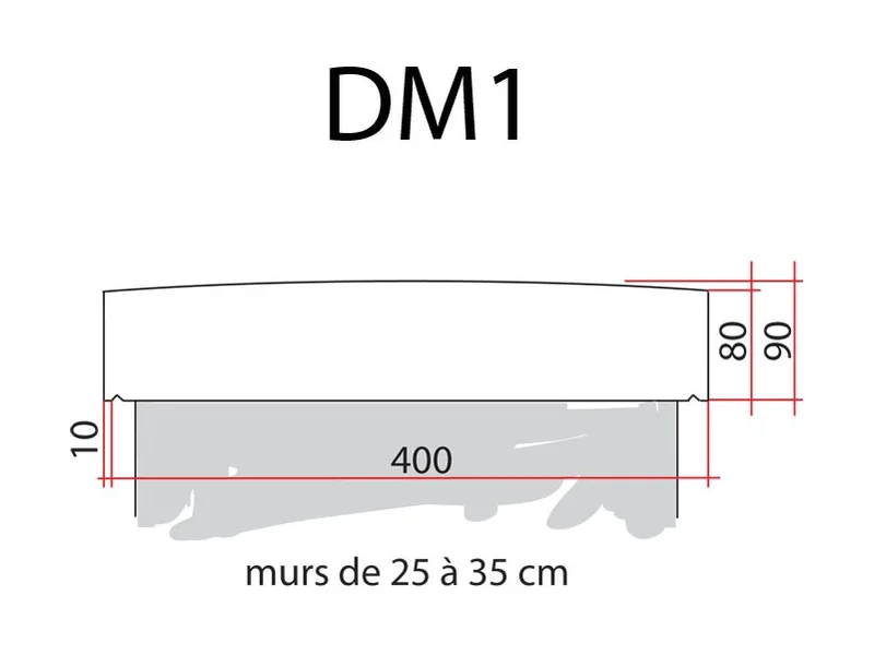 Schéma coté du DM1 : 400 mm, murs de 25 à 35 cm