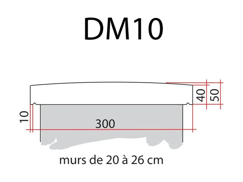 Schéma coté du DM10 : 300 mm, murs de 20 à 26 cm