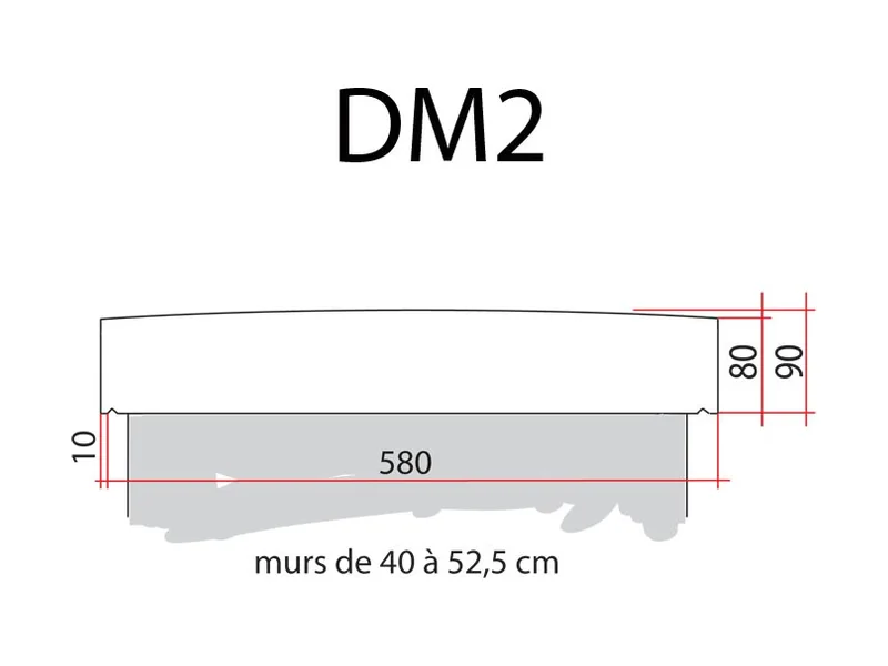 Schéma coté du DM2 : 580 mm, murs de 40 à 52,5 cm