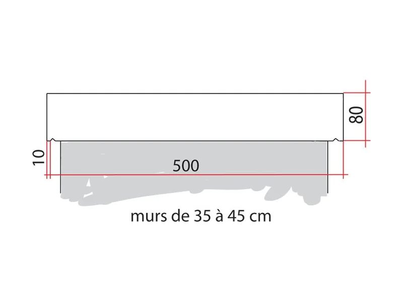 Schéma coté du DM5 : 500 mm, murs de 35 à 45 cm