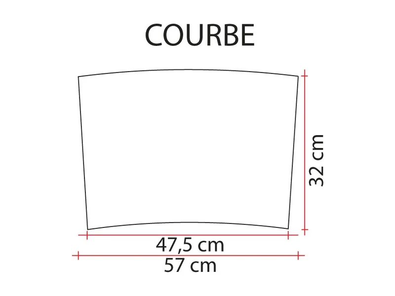 Schéma coté de la margelle courbe CM5 : 57 et 47,5 cm, profondeur 32 cm