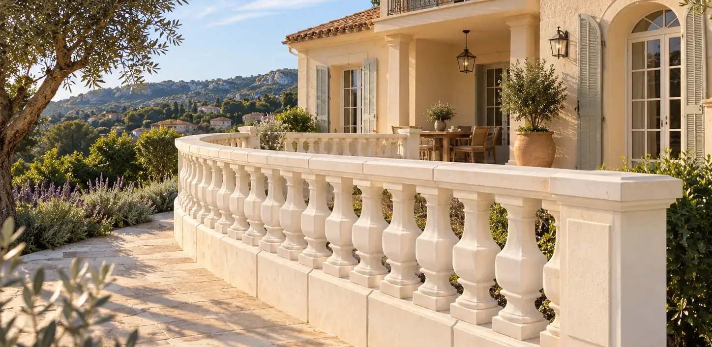 Balustrade en pierre reconstituée bordant une terrasse dallée devant une villa