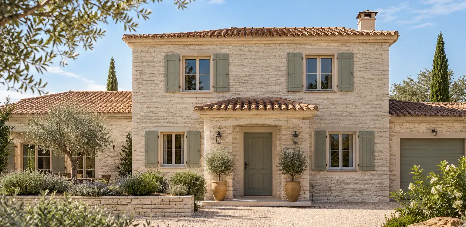 Façade de maison en pierre avec corniche, encadrements de fenêtres et volets